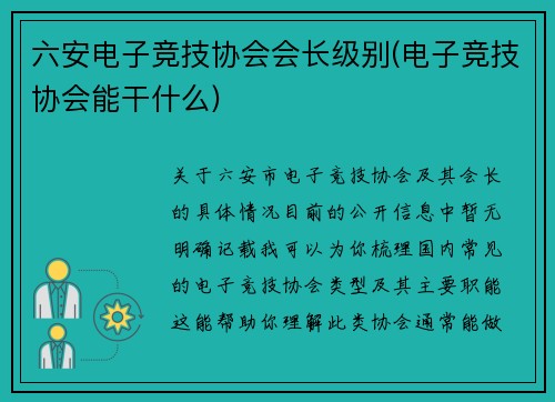 六安电子竞技协会会长级别(电子竞技协会能干什么)